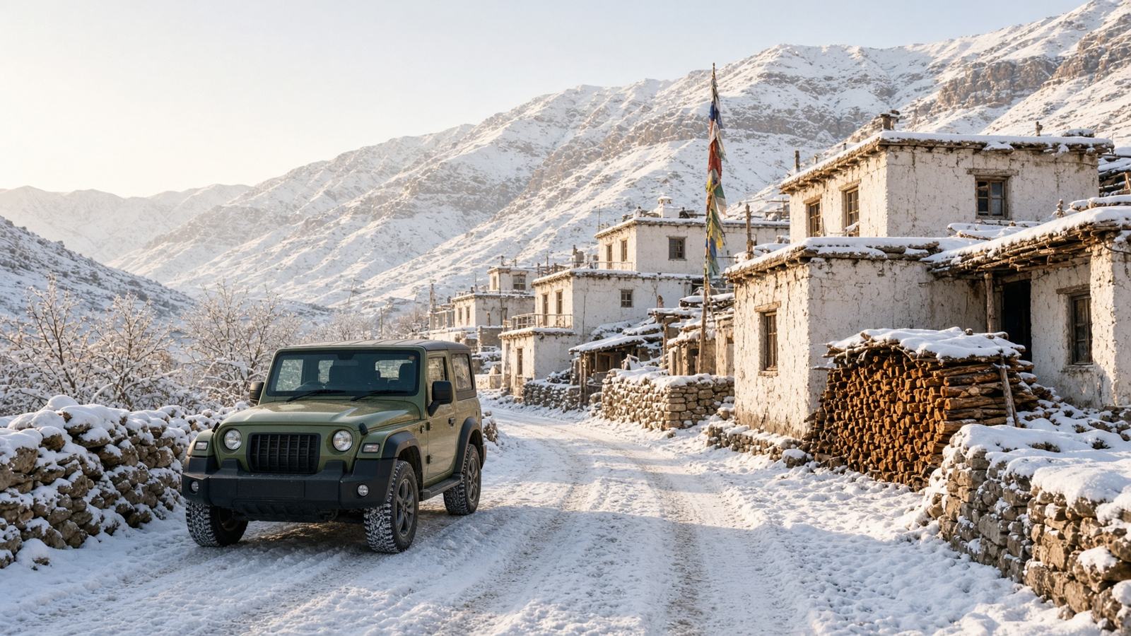 A winter morning in a Spiti village with a high 4x4